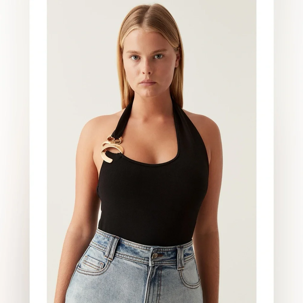 Aje Enigma Hardware-Detailed Knit Halter Top Black NWT - Picture 2 of 7